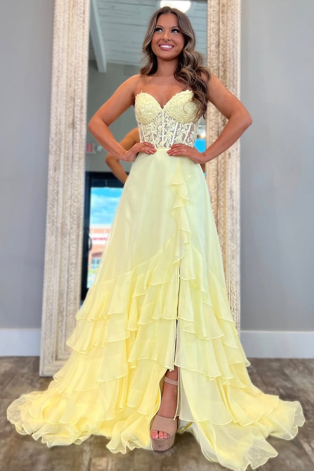 Chic Yellow A-Line Sweetheart Lace Top Long Chiffon Prom Dress With ...