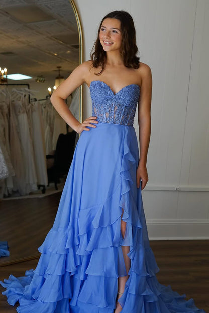 Chic Yellow A-Line Sweetheart Lace Top Long Chiffon Prom Dress With Ruffle Skirt