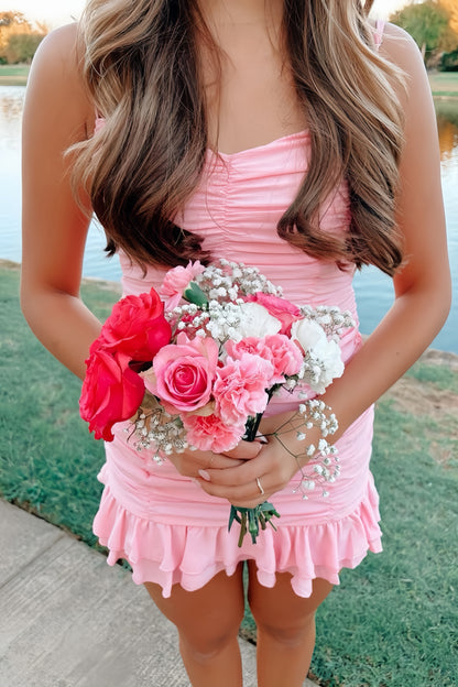 Cute Pink Mini Homecoming Dresses Pleated V-Neck Party Gown, LTP3020