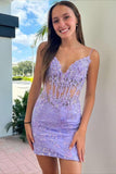 Cute Spaghetti Straps Lavender Appliques Mini Homecoming Dresses