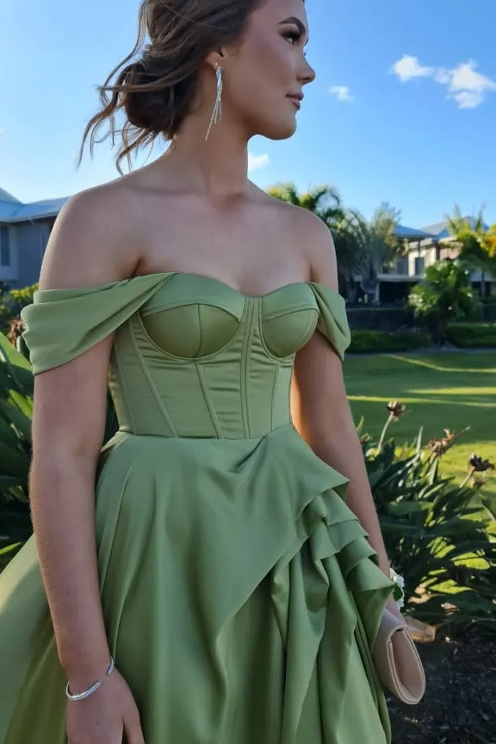 Off-the-shoulder Ruched Long Dress with High Slit