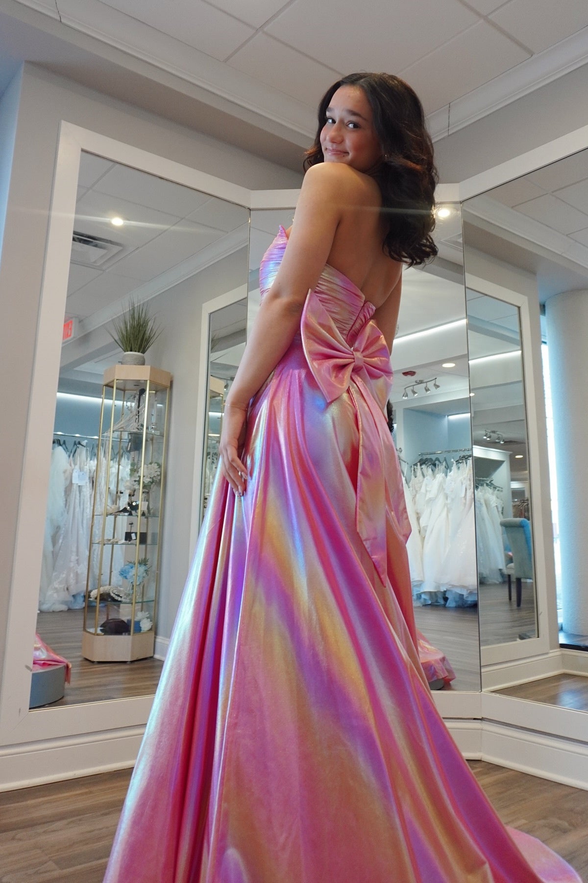 Strapless Metallic Ruched Prom Dress with Bow