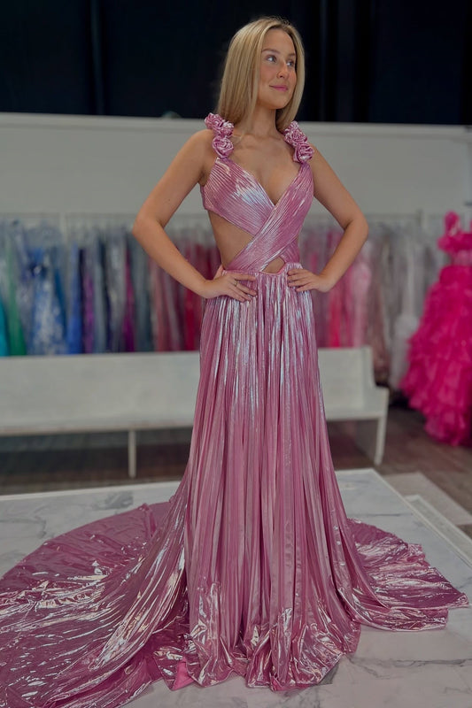 Metallic Hollowed-out Pleated A-line Prom Dress