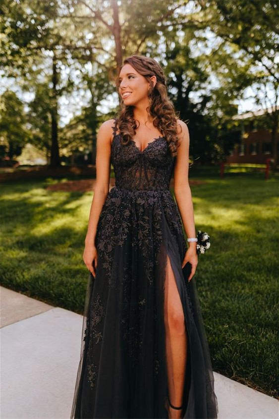 Straps Navy Blue Lace Appliques A-line Formal Dress