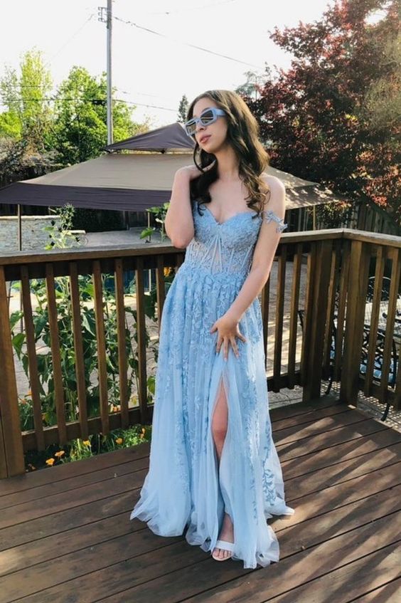 Straps Navy Blue Lace Appliques A-line Formal Dress