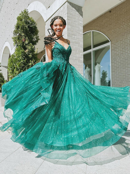 Dark Green A-Line Tulle Prom Dresses, Glitter Appliques Party Dress,LTP3415