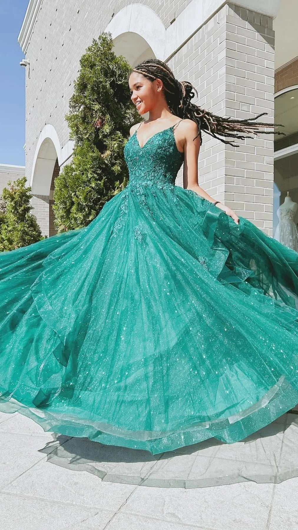 Dark Green A-Line Tulle Prom Dresses, Glitter Appliques Party Dress,LTP3415