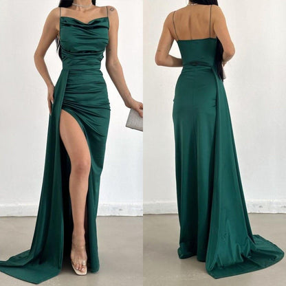 Dark Green Bodycon Pleated Long Prom Dresses With Sexy High Split