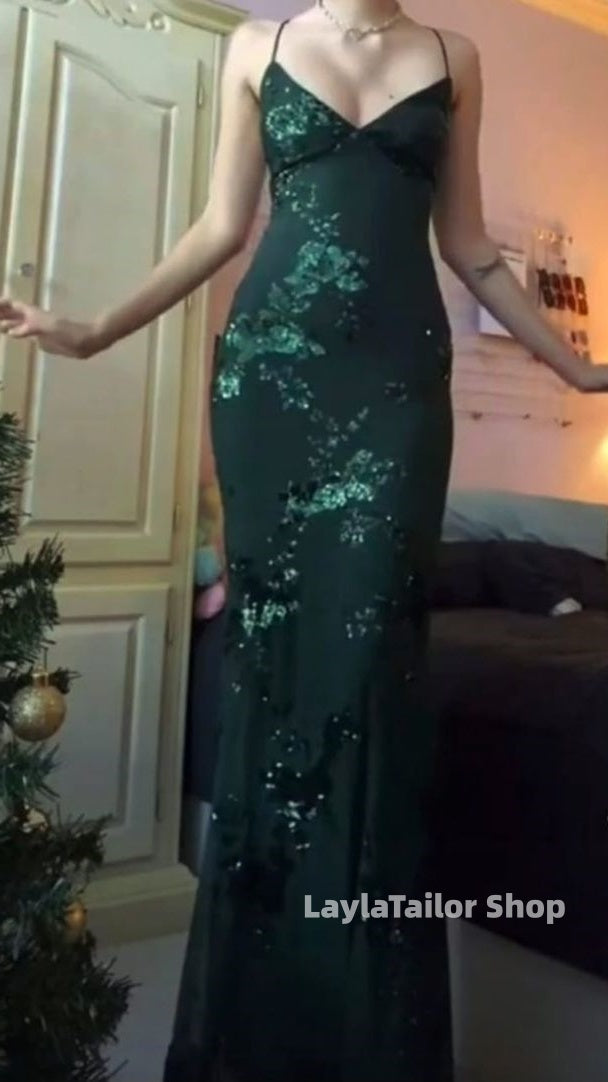 Dark Green Bodycon Prom Dresses Sequin Lace Formal Gown,LTP4543