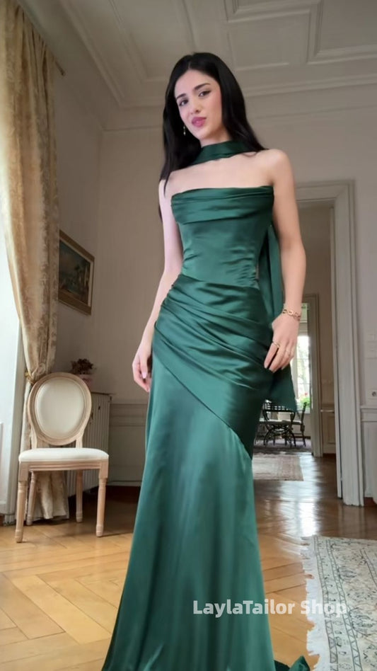 Dark Green Mermaid Satin Prom Dresses Bodycon Evening Dress With Neck Belt,LTP4557
