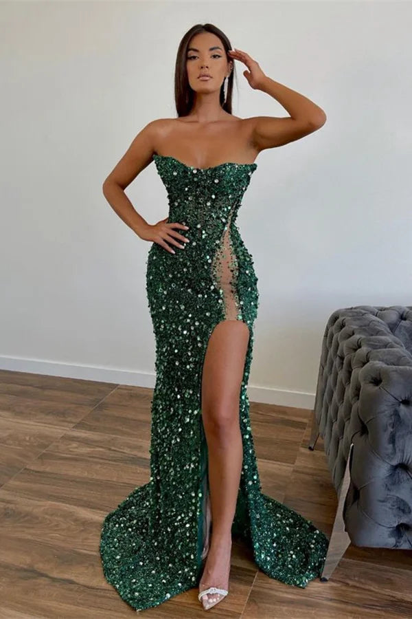 Dark Green Sequin Mermaid Prom Dress With Side Slit