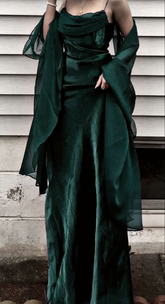 Dark Green Sheath Silk Satin Prom Dresses With Chiffon Sash