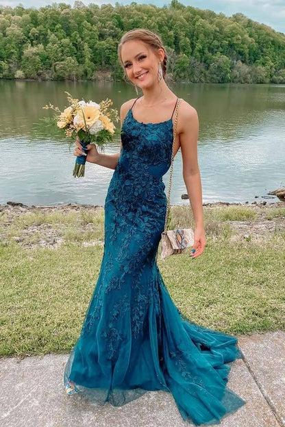 Charming Dark Teal Applique Mermaid Long Party Dress Prom Formal Gown