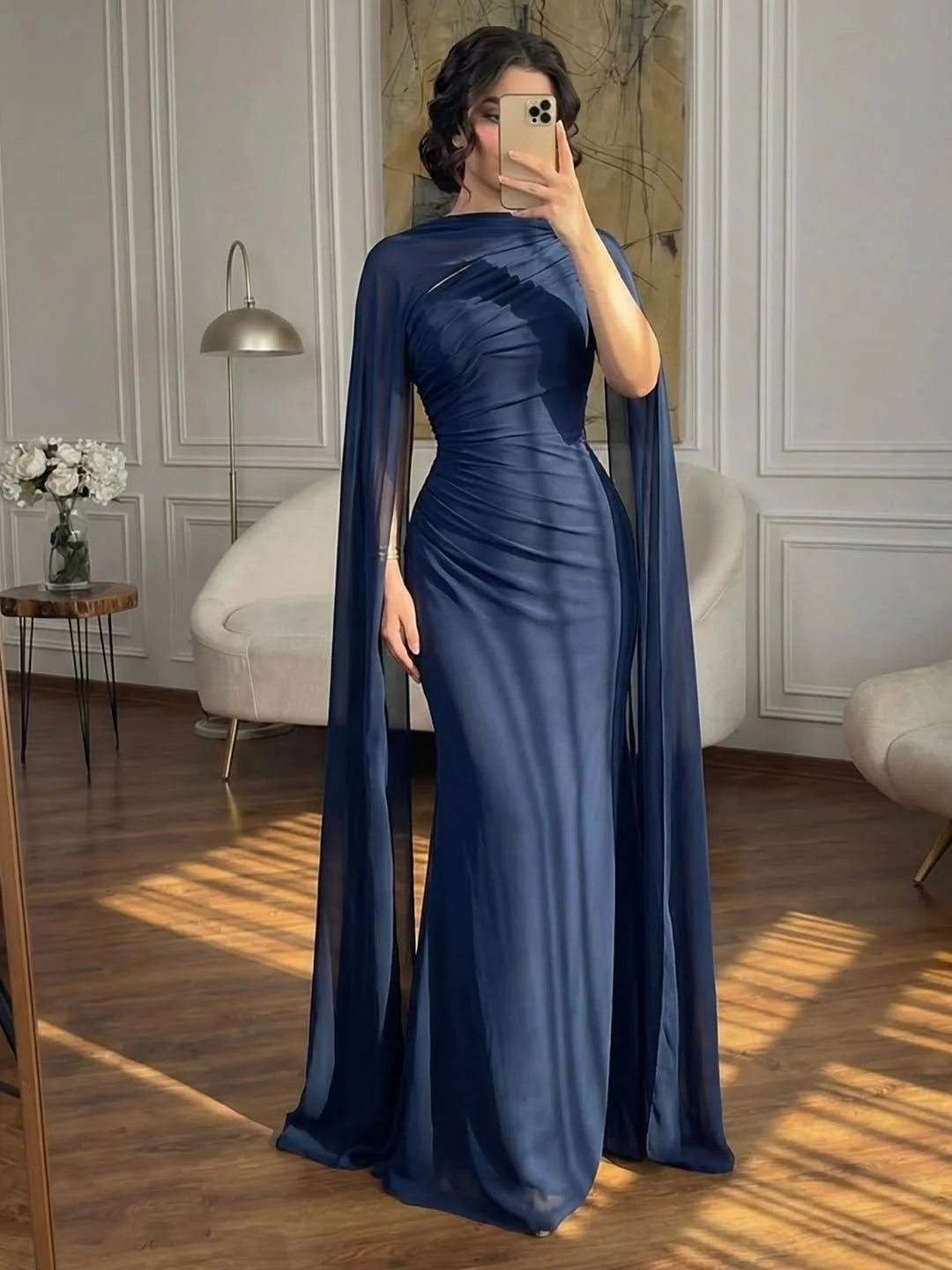 Dark Navy Asymmetric Pleated Sleeveless Prom Dress With Scarf,LTP4409