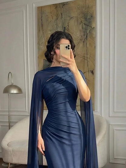 Dark Navy Asymmetric Pleated Sleeveless Prom Dress With Scarf,LTP4409