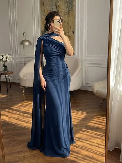 Dark Navy Asymmetric Pleated Sleeveless Prom Dress With Scarf,LTP4409
