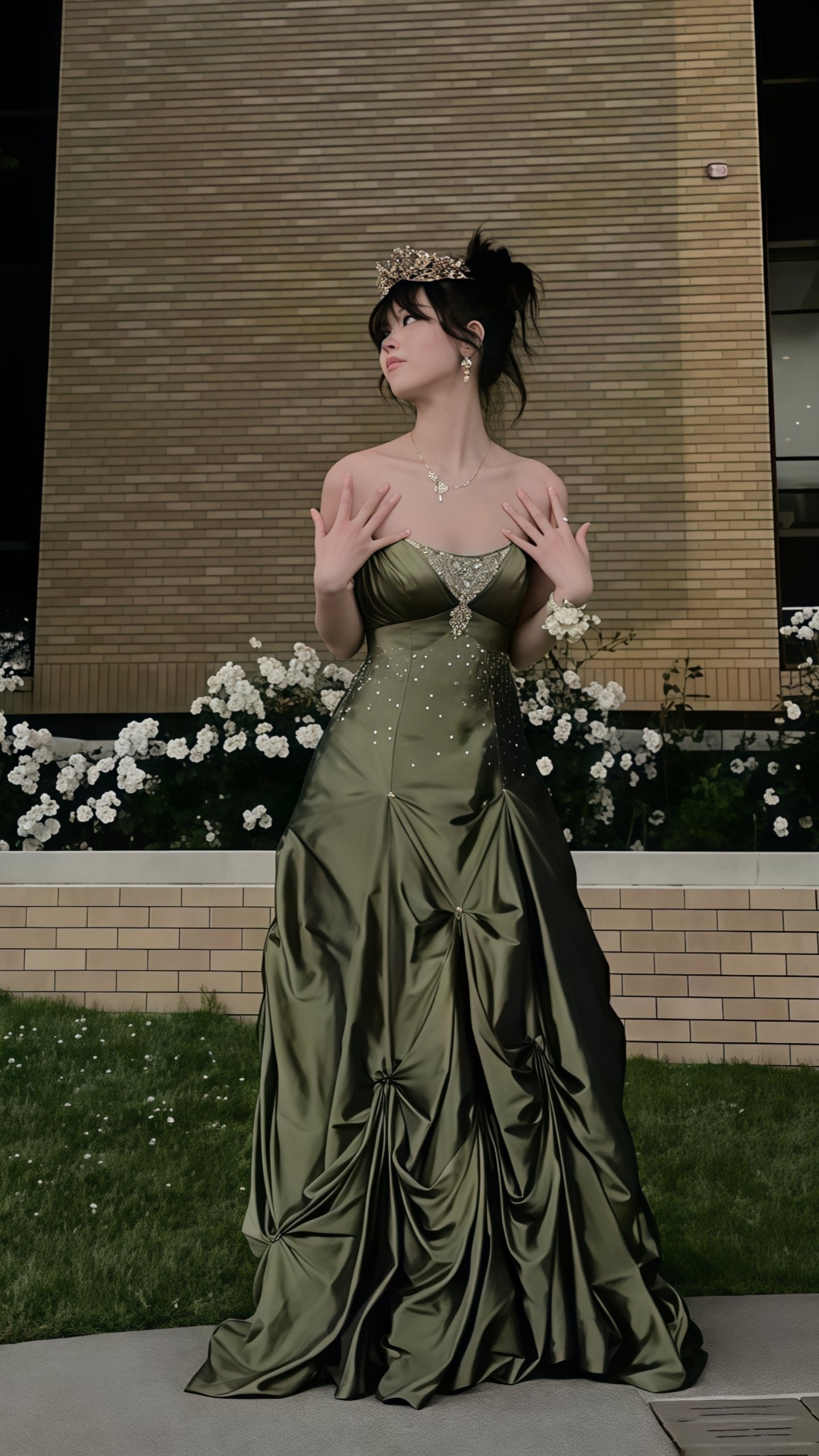 Dark Olive Green Beaded Prom Dress, Birthday Party Dress, LTP3488