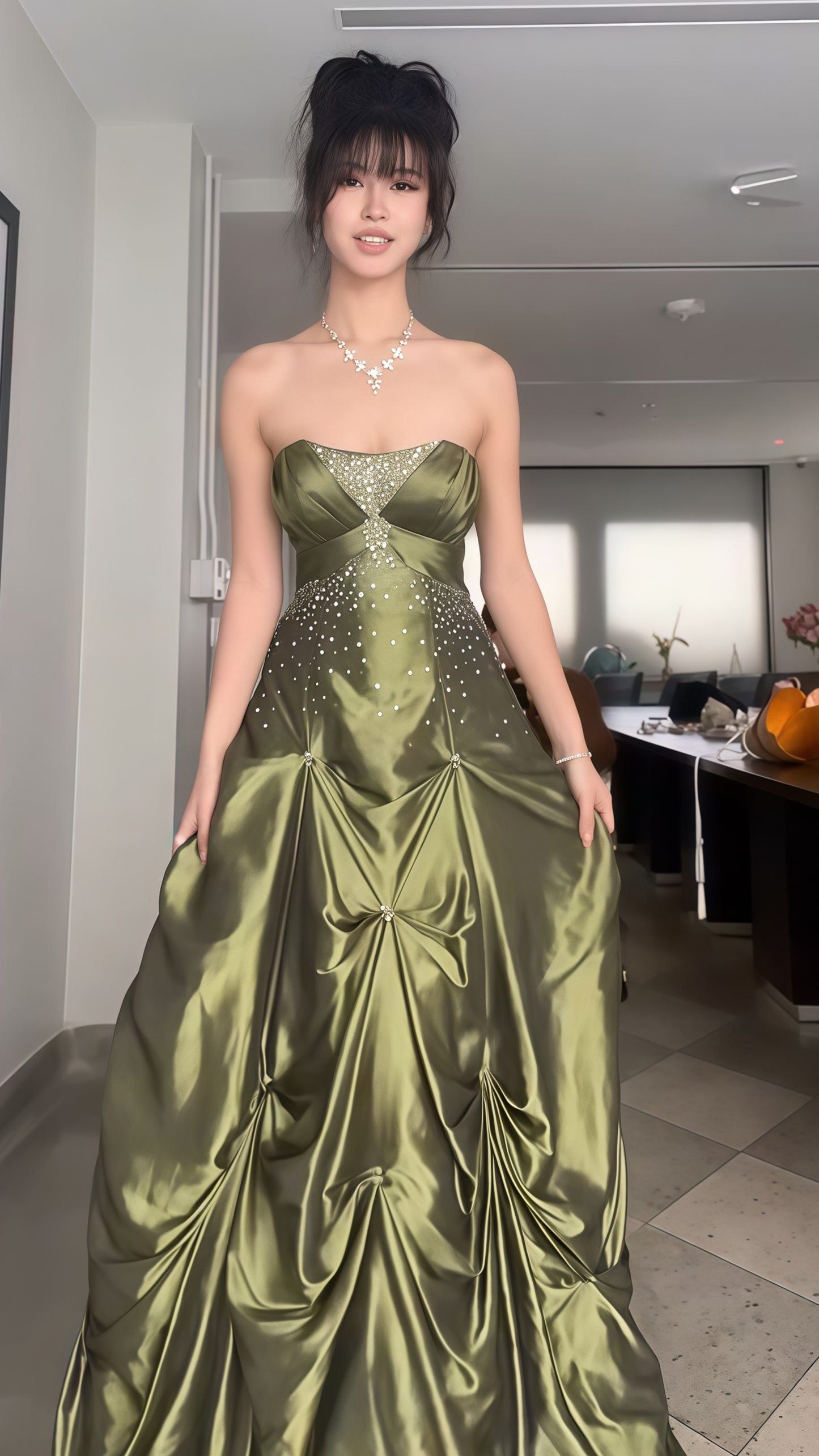 Dark Olive Green Beaded Prom Dress, Birthday Party Dress, LTP3488