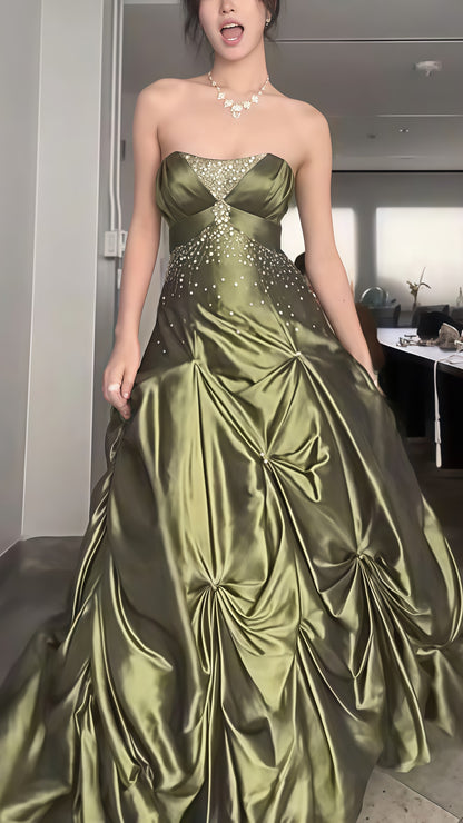 Dark Olive Green Beaded Prom Dress, Birthday Party Dress, LTP3488