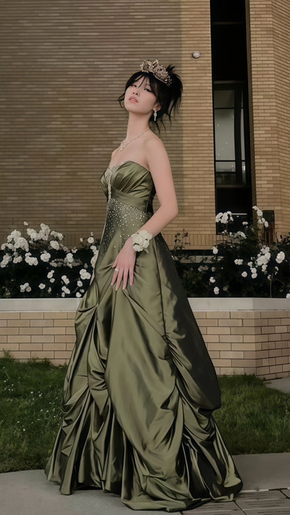 Dark Olive Green Beaded Prom Dress, Birthday Party Dress, LTP3488