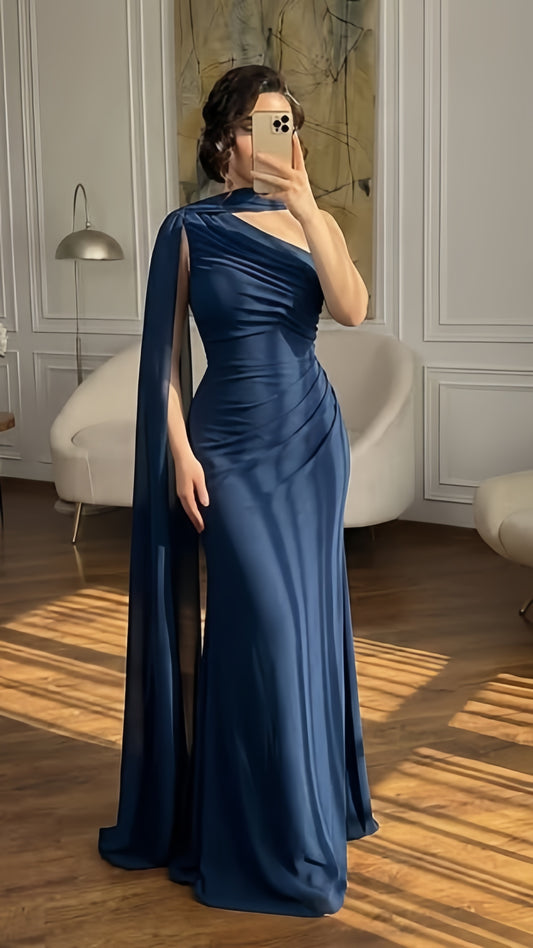 Dark Navy Asymmetric Pleated Sleeveless Prom Dress With Scarf,LTP4409