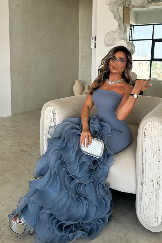 Elegant Mermaid Strapless Dusty Blue Long Tulle Prom Dress with Ruffle