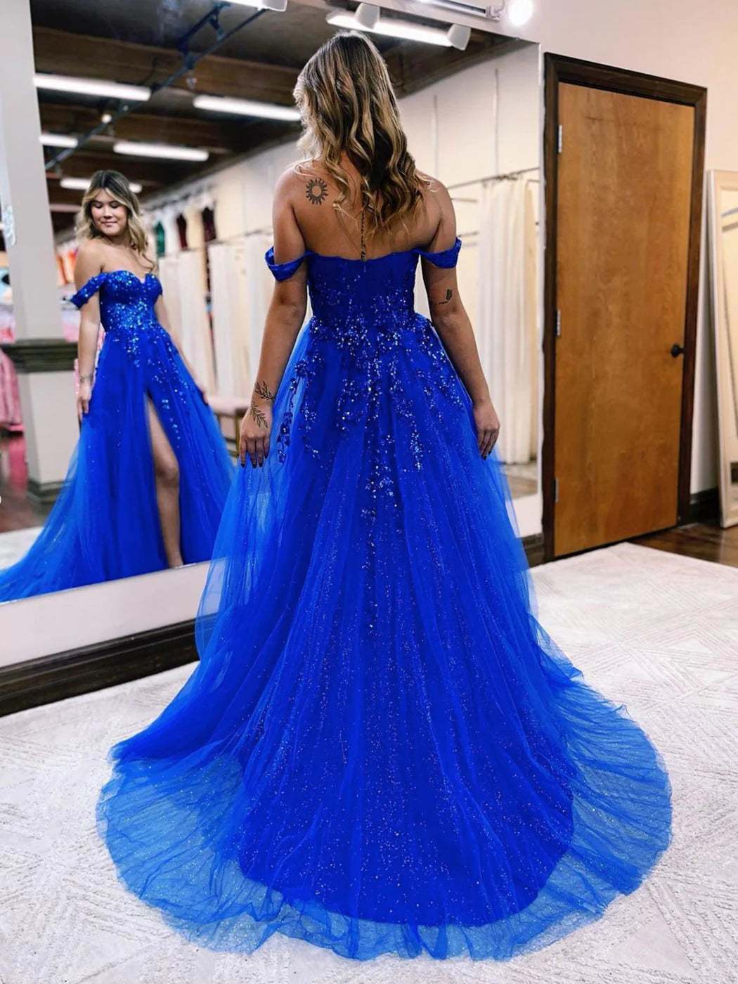 Royal Blue Off The Shoulder A-Line Beaded Appliques Evening Party Dress, Tulle Long Prom Dress