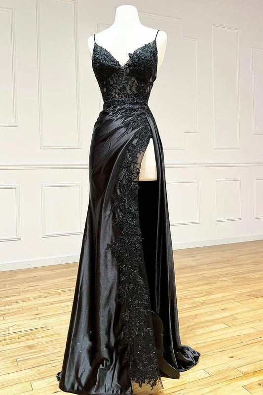 Elegant Spaghetti Straps Prom Dress Black SatinSheath  Appliques Long Formal Evening with Slits 