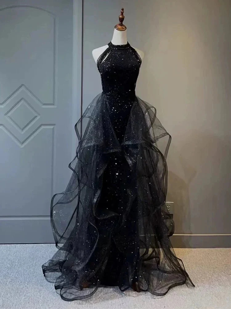 A-Line 🩵Midnight Blue Long Prom Dress for Quinceanera&Graduation -Halter Tulle&Sequin Formal Evening Dress 