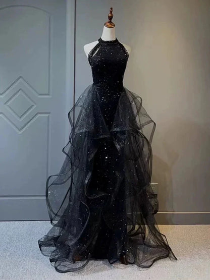 A-Line 🩵Midnight Blue Long Prom Dress for Quinceanera&Graduation -Halter Tulle&Sequin Formal Evening Dress 