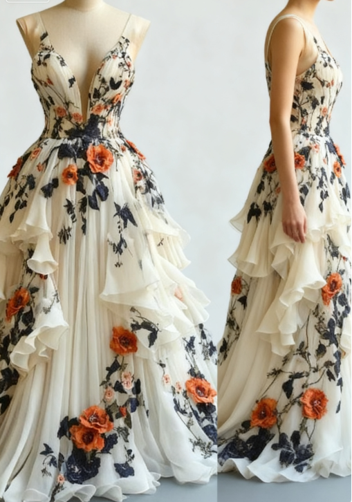Fairytale A-line Wedding Dress Chiffon 3D Applique Evening Dress Sweet 16 Dress