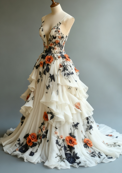 Fairytale A-line Wedding Dress Chiffon 3D Applique Evening Dress Sweet 16 Dress