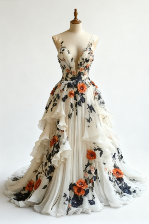 Fairytale A-line Wedding Dress Chiffon 3D Applique Evening Dress Sweet 16 Dress