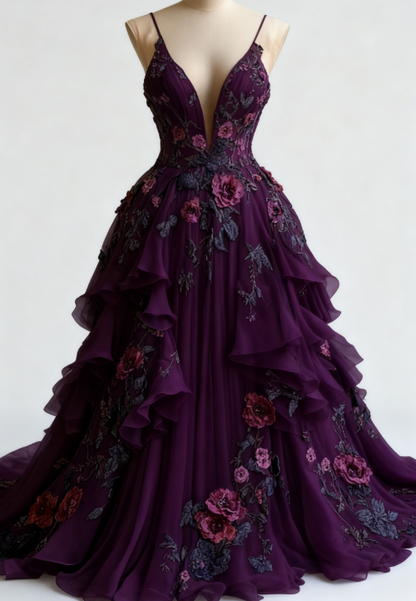 Fairytale A-line Wedding Dress Chiffon 3D Applique Evening Dress Sweet 16 Dress