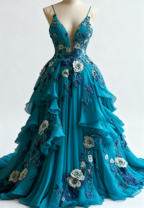 Fairytale A-line Wedding Dress Chiffon 3D Applique Evening Dress Sweet 16 Dress