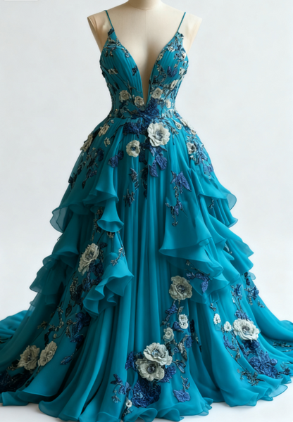 Fairytale A-line Wedding Dress Chiffon 3D Applique Evening Dress Sweet 16 Dress
