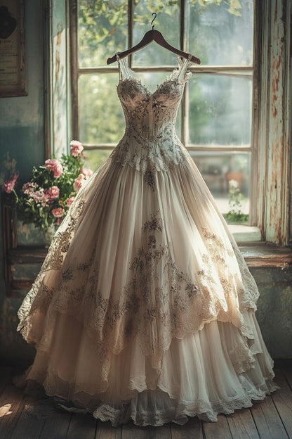Vintage A-line Sweetheart Neck Tulle Lace Long Prom Dress Applique Sweet Flower Formal Dress