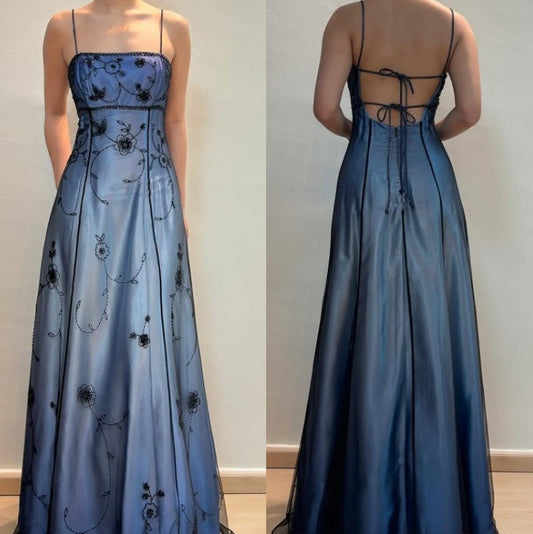 Retro gradient blue spaghetti strap backless lace-up design beaded applique long prom dress