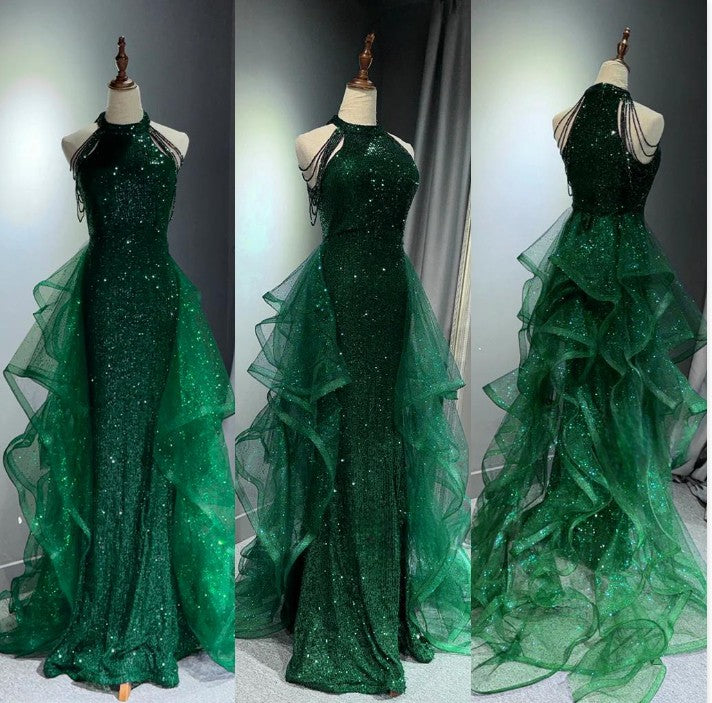 Elegant A-Line Halter Sparkly Sequins Long Prom Dresses  Navy Blue Evening Dresses