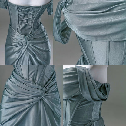 Elegant Pleated Satin Formal Mermaid Evening Dress,Fahsion Graudation Prom Dresses with Off-the-Shoulder