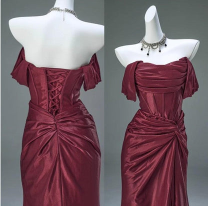 Elegant Pleated Satin Formal Mermaid Evening Dress,Fahsion Graudation Prom Dresses with Off-the-Shoulder