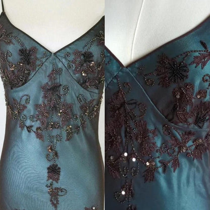Modest vintage Prom Dress Spaghetti Straps  Blue 🩵Chiffon Sheath Evening Dress with Beading 