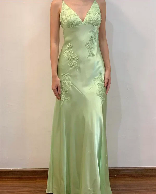Chic A-Line Evening Dress Satin Spaghetti Straps Green Vintage  Backless Long Prom Dresses