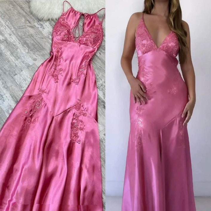 Chic A-Line Evening Dress Satin Spaghetti Straps Green Vintage  Backless Long Prom Dresses