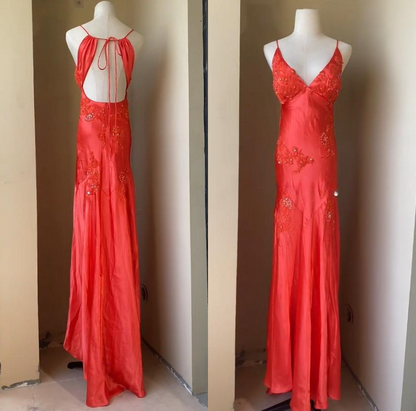 Chic A-Line Evening Dress Satin Spaghetti Straps Green Vintage  Backless Long Prom Dresses
