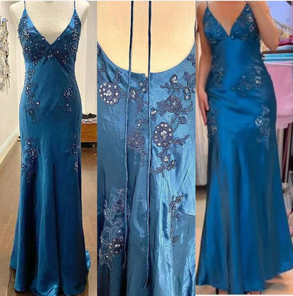 Chic A-Line Evening Dress Satin Spaghetti Straps Green Vintage  Backless Long Prom Dresses