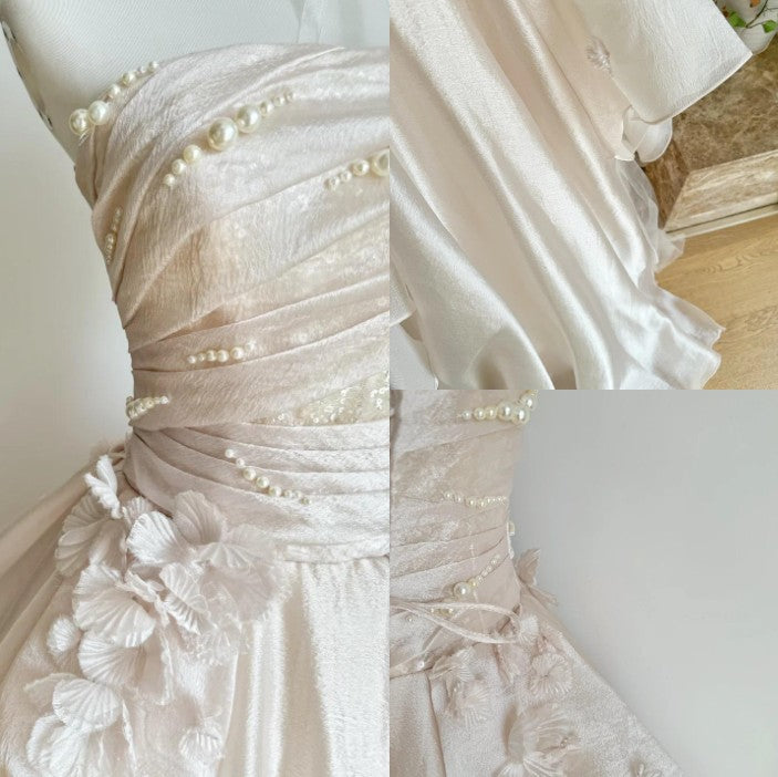 Sweet Pink A-line Tulle Satin  Long Prom Dresses Strapless Applique Wedding Dresses