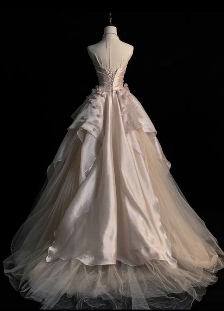 Sweet Pink A-line Tulle Satin  Long Prom Dresses Strapless Applique Wedding Dresses