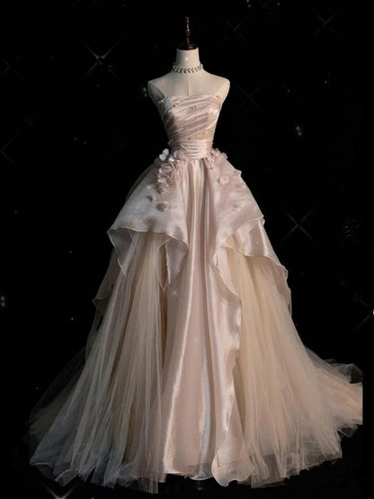 Sweet Pink A-line Tulle Satin  Long Prom Dresses Strapless Applique Wedding Dresses