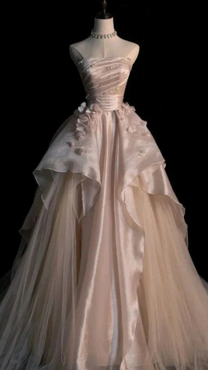 Sweet Pink A-line Tulle Satin  Long Prom Dresses Strapless Applique Wedding Dresses